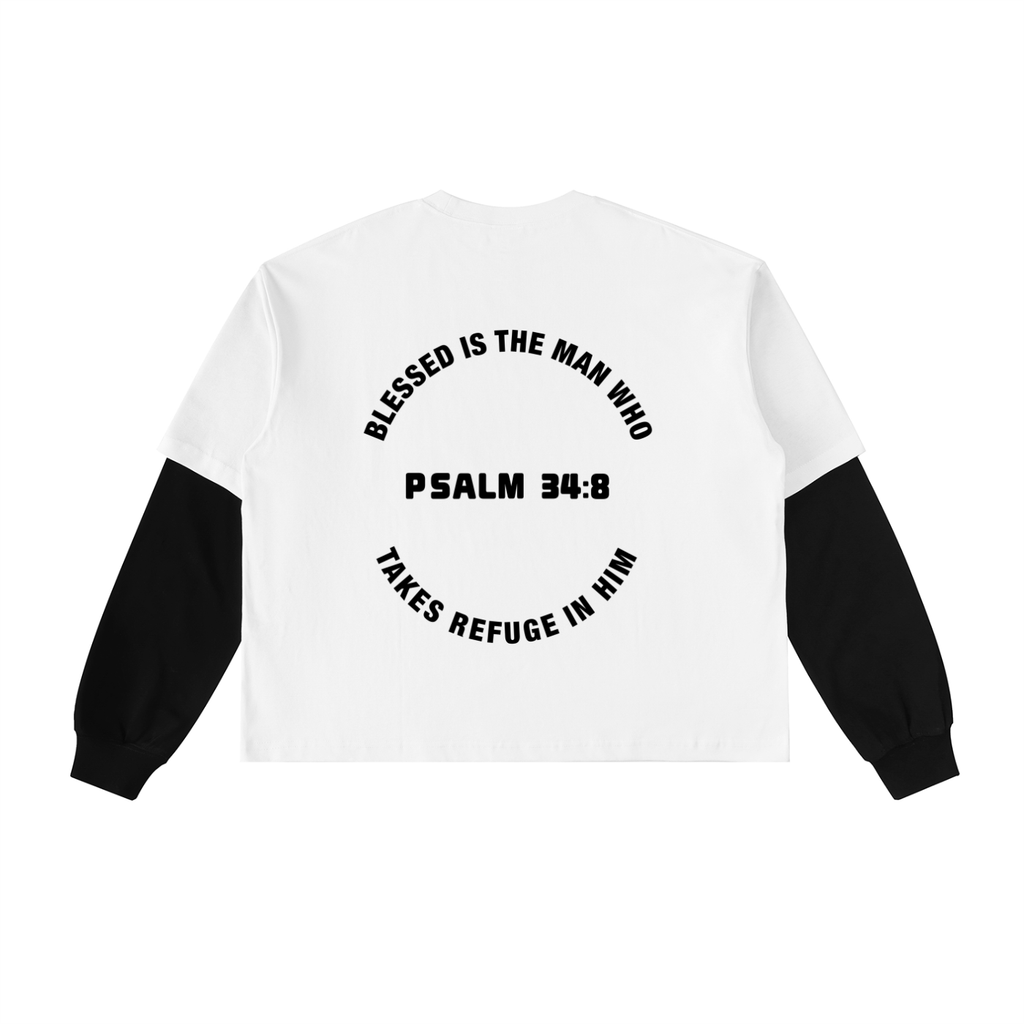 Layered Psalm 34:8 Contrast Sleeve Cotton T-Shirt