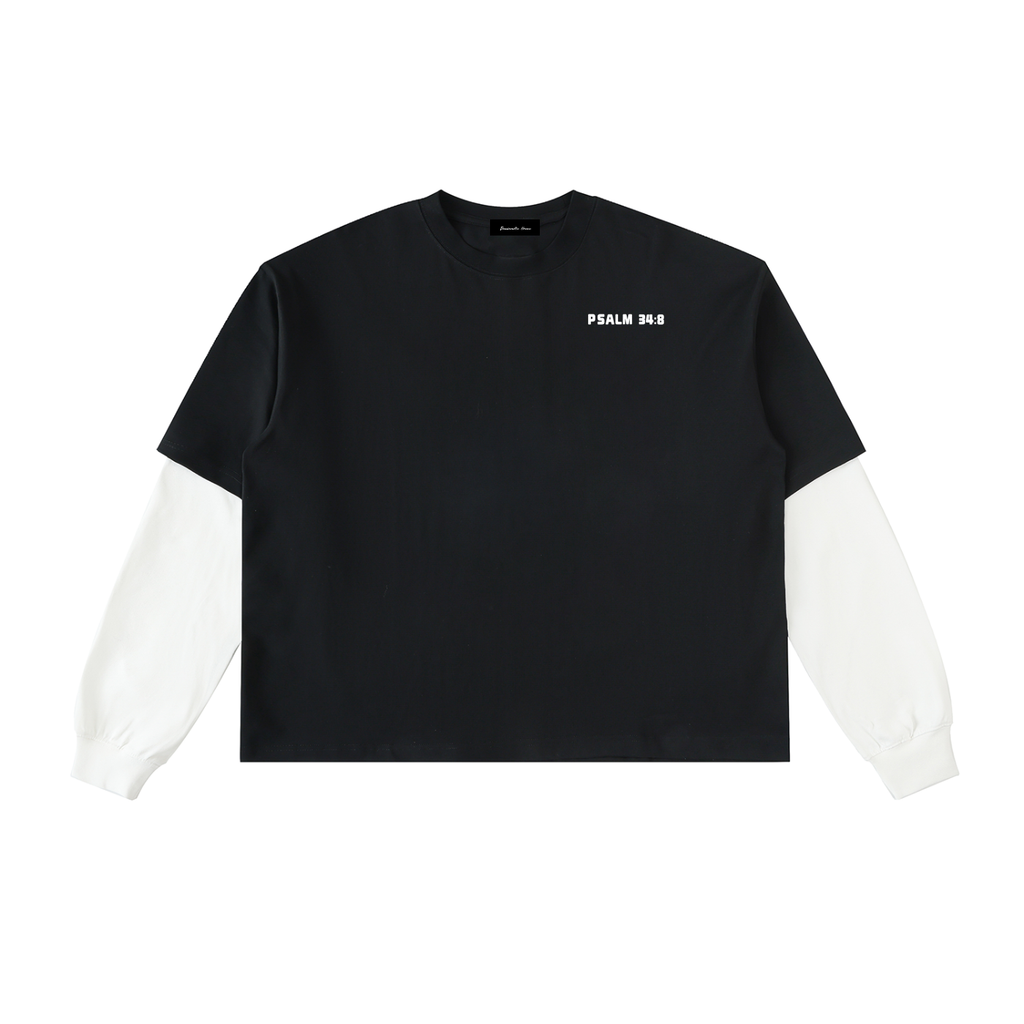 Layered Psalm 34:8 Contrast Sleeve Cotton T-Shirt