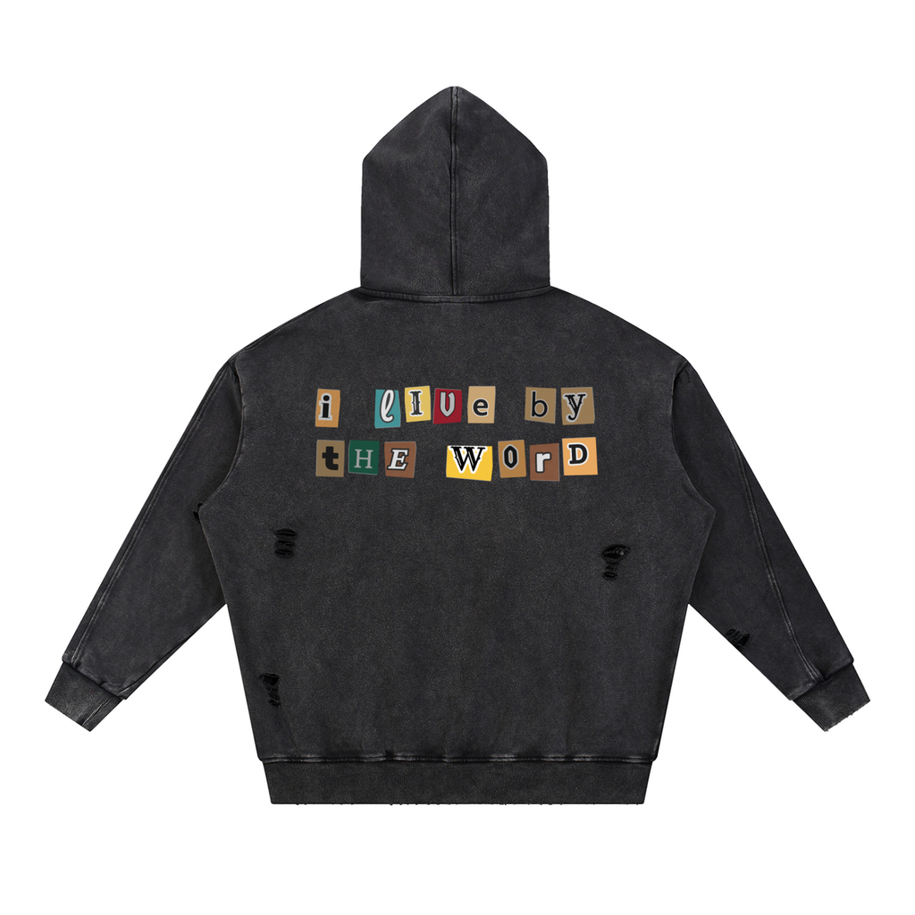 The Word Snow Washed Distressed Panel Pocket Hoodie